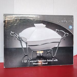 Godinger Covered Porcelain Baker w Warmer Stand 1 Quart New